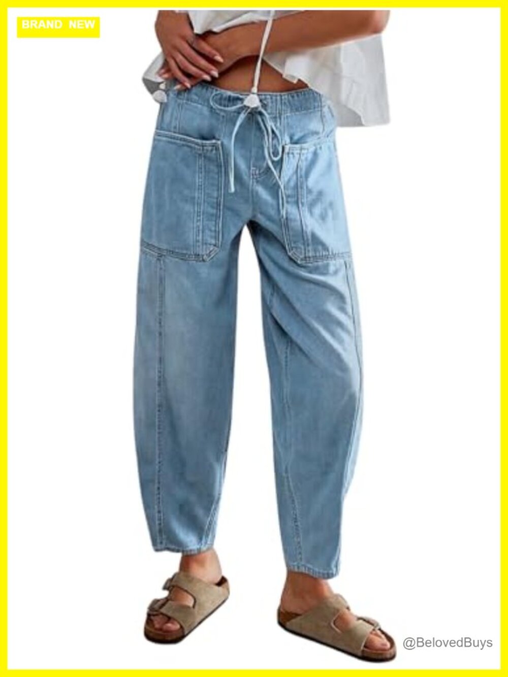 Barrel Jeans Women Elastic Waist Drawstring Wide Leg Denim Pants